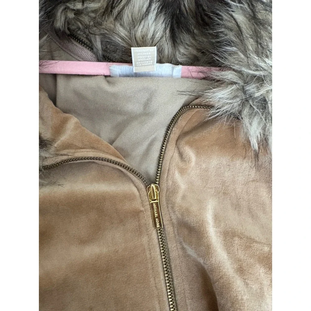 Michael Kors Velour Tracksuit Set Tan Camel Faux Fur Collar Hoodie Joggers XL